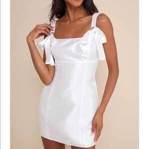 Lulu’s Shiny White Bow Ribbon Bow Mini Dress - Bridal, Bachelorette, Graduation